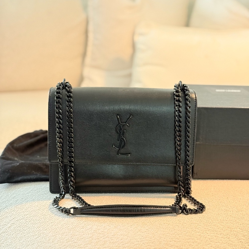 YSL Yves Saint Laurent Sunset Medium Cross Body bag smooth leather matte black